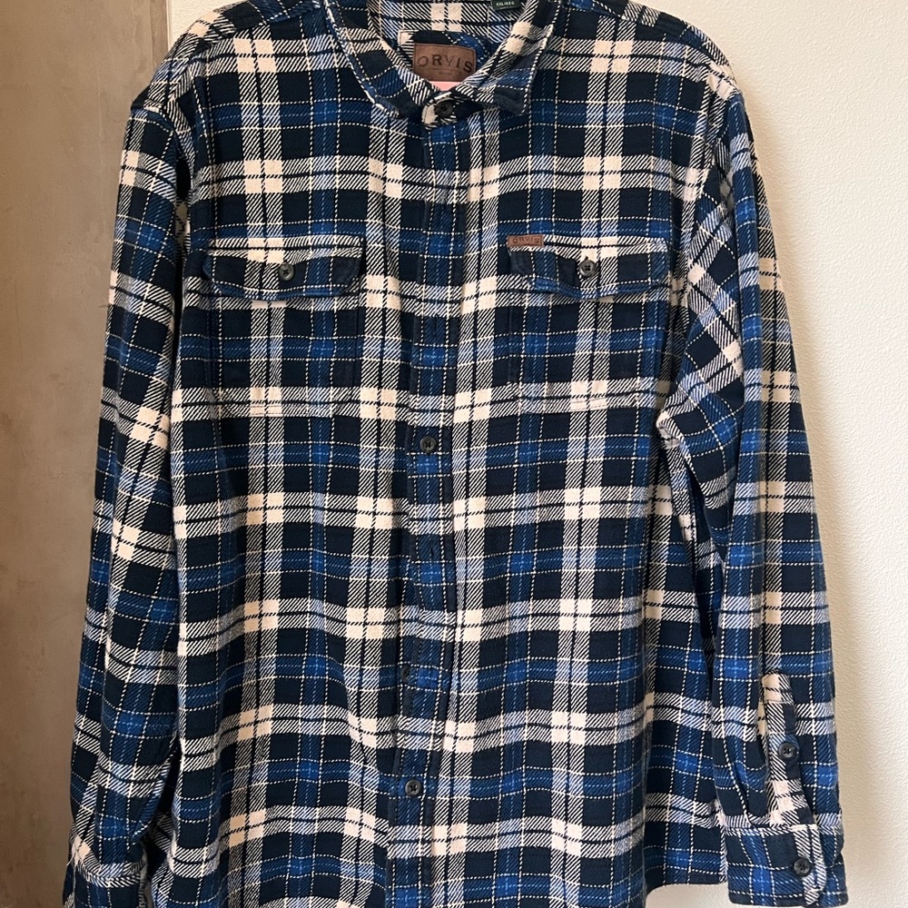 Orvis Blue & White Plaid Button-Down Flannel Shirt